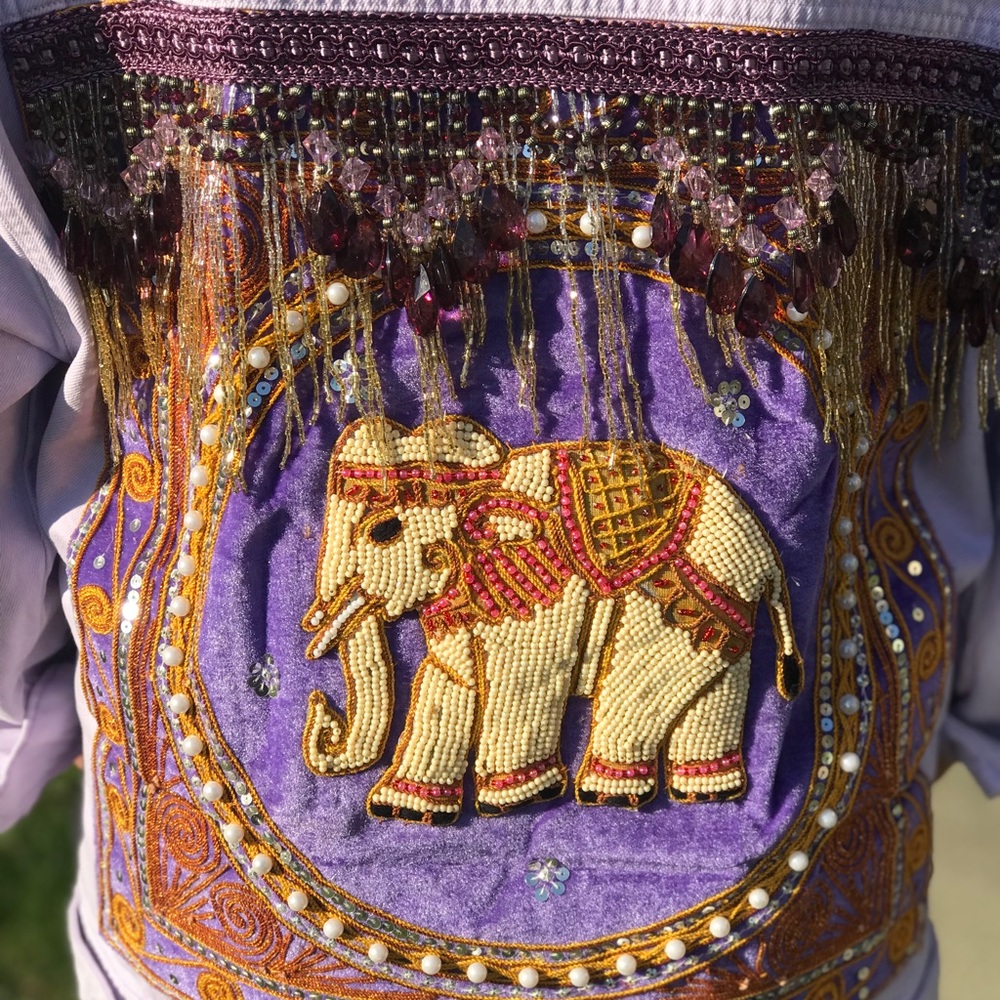 HANDWORK / Boho boyfriend style embellished elephant jacket, FRINGE denim jacket